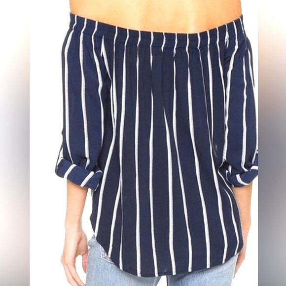 Navy Blue Striped Off-Shoulder Flare Midi Blouse Ruffle Cuffs Mint Condition - Picture 2 of 14